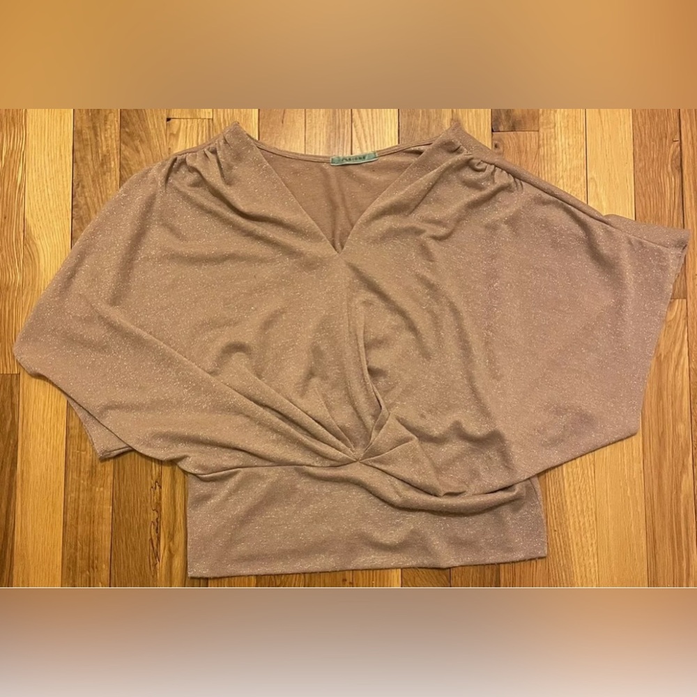 PLEIONE brown tan shimmery dolman short sleeve shirt knit top medium m